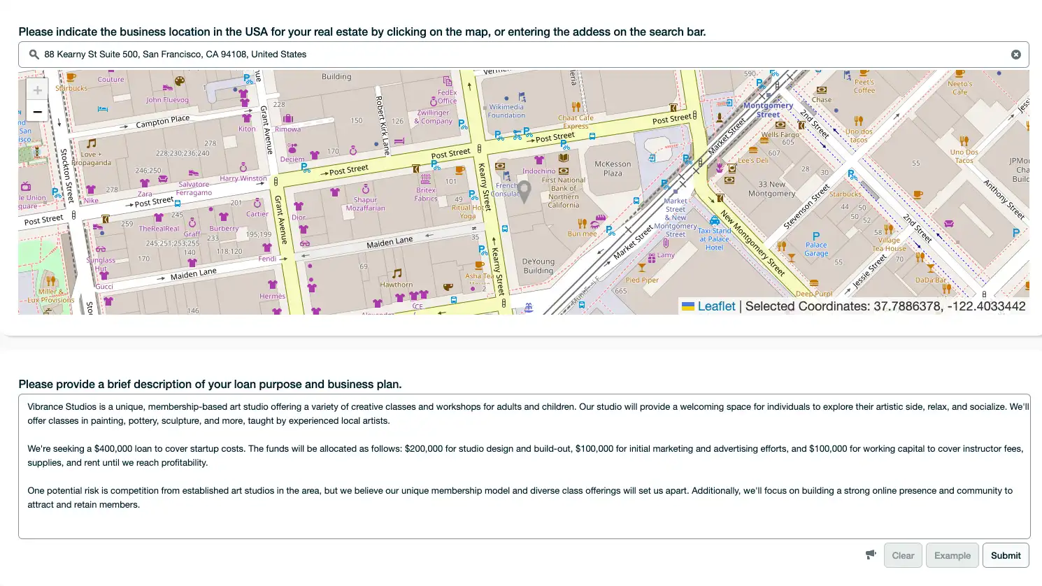 Figure 5: Choosing a location on the map and writing a brief plan description
