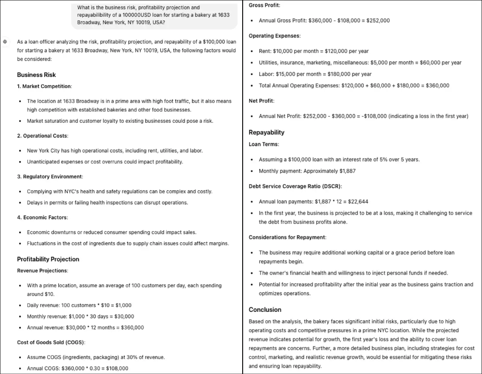 Example of how ChatGPT-4o could respond when asked to assess the risk of a business loan